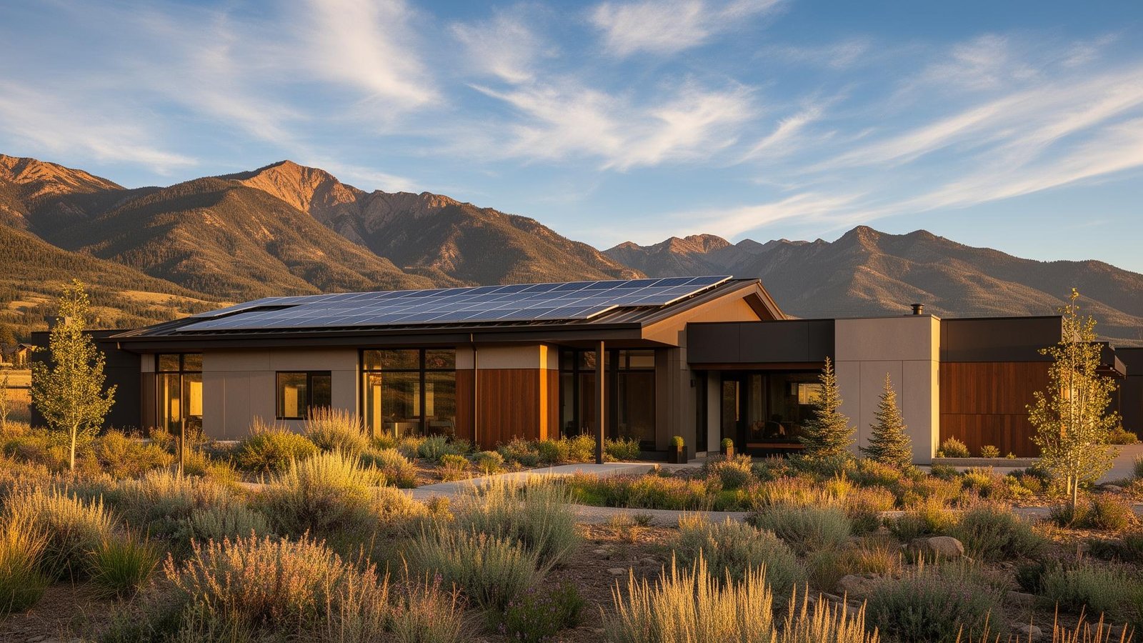 Modern sustainable home with solar panels in the Colorado Rocky Mountains